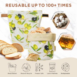 Beeswax Bread Bags for Sourdough, Reusable Linen Cotton Homemade Bread Bags with Leather Seal, Sourdough Storage Bag for Gifting (2 Pack)