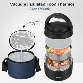 MAXSO Food Jar for Hot Food - 24 OZ Soup Thermo for Adults Vacuum Insulated Lunch Containers with Foldable Spoon & Thermal Bag, Wide Mouth Leakproof Bento Box - Black