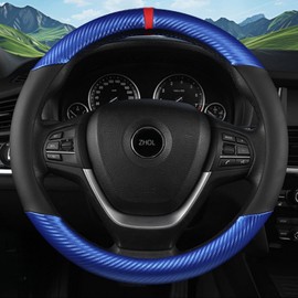 Carbon Fiber Car Steering Wheel Cover, Universal 15 inch Breathable Microfiber Leather Steering Wheel Cover for Men and Women, Anti Slip Car Interior Accessories, Blue