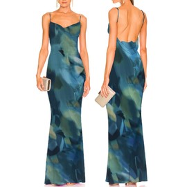 Capuffy Women Tie Dye Maxi Dresses Lace Backless Cocktail Party Dress Spaghetti Straps Mermaid Evening Gown 221(Tie Dye Blue,S)
