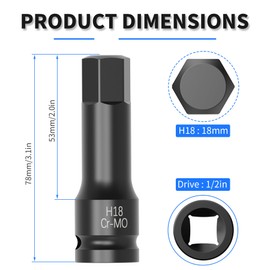 Skweawert 18mm Hex Impact Bit Socket, H18 1/2" Drive Impact Allen Bit Socket 78mm Length SAE Cr-V Steel One-Piece Construction Black Bits