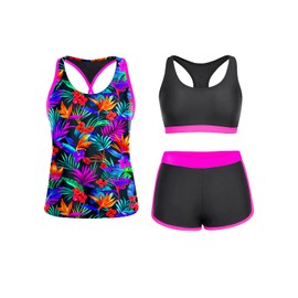 Yonique - Traje de baño deportivo tankini de 3 piezas para mujer con pantalones cortos, camisetas sin mangas con brasier deportivo y pantalones cortos, hojas coloridas, M