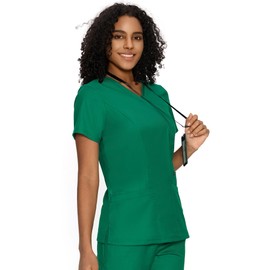 COZYFIT Scrub Tops for Woman - Back Princess Seams, Mock Wrap Top with 3 Pockets,Hunter Green,M