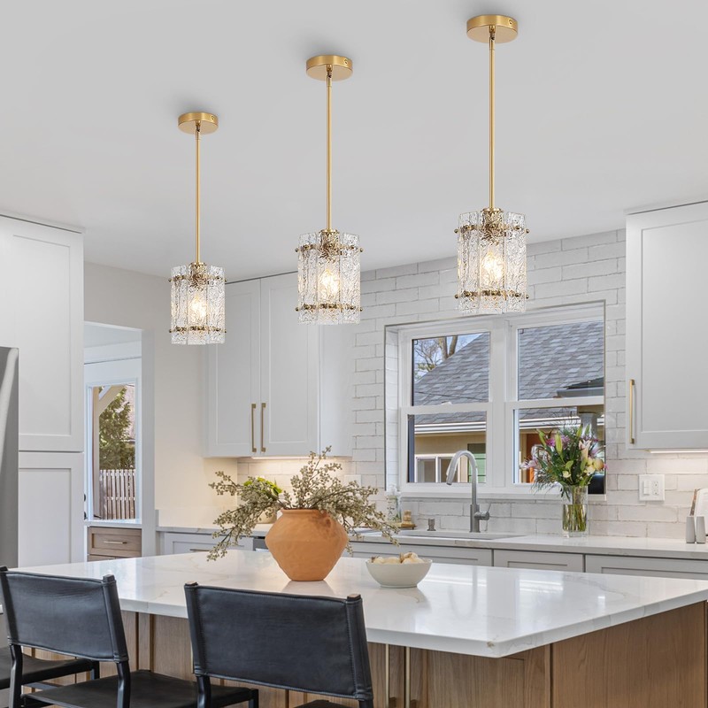 RUIBOOXIN Gold Glass Pendant Lights Kitchen Island, Water Ripple Round