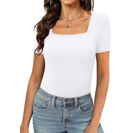 Tops for Women Casual Summer 2024 Square Neck Tees Shirts Ribbed White M