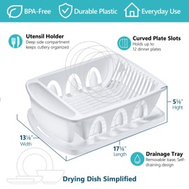 Tribello Sink Dish Drying Rack, Large Heavy Duty Hard Plastic Sink Set with Drainer (White) - Made in USA