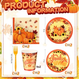 Sliner 180 Pcs Thanksgiving Plates and Napkins Sets,Thanksgiving Party Supplies Paper Plates, Cups, Napkins and Forks for Thanksgiving Theme Party Decorations, Serves 30 Guests (Orange Pumpkin)