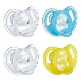 Tommee Tippee Ultra-Light Silicone Pacifier, 6-18 Months, Symmetrical One-Piece Design, BPA-Free Silicone Binkies, Clear/Blue/Yellow, Pack of 4