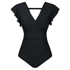 GRACE KARIN Womens Bathing Suits Tummy Control One Piece Swimsuit Wrap Bathing Suit Ruched Ruffle Sleeve Swimwear Black L