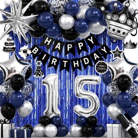 15th Birthday Decorations for Boys and Girls, Black Blue Silver Happy Birthday Number 15 Balloons, Banner, Fringe Curtains Garland Kit - 15 Year Old Party Supplies