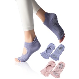 Gemma Plus Yoga Socks, Anti-Slip, 5 Toes, Women's, Anti-slip Socks, Fingerless, Anti-Slip Socks, Yoga, Grip Socks, Pilates, Dance, Light Blue, Pink, Spring and Summer, 2 Pair Set, No Fingers, Feather