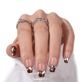 Miloilo Press On Nails Short - French Tips Pearl Burgundy Press On Nails Coffin, Champagne Rhinestones Nail Tips, Natural Fake Nails with Glue, Soft Gel Nails in 15 Sizes - 30 Nail Kit, Wine Party