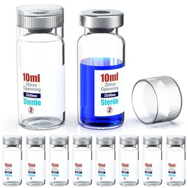 Biomed Solutions Sterile Empty Vial with Reusable Plastic Cap,Ready to Fill Glass Containers, Liquid Injection Bottle Sealed with Self Healing Injection Port (10ml Clear 10pcs)