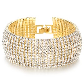 COOLSTEELANDBEYOND Sparkling Womens Crystal Rhinestones Cluster Wide 18K Gold-Plated Bangle Bracelet