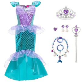CREDIBLE Children's Princess Dress Cosplay Costume, Luxurious 8-Piece Set, Mermaid B (Princess Dress, Heart Tiara, Magic Wand, Necklace, Bracelet, Earrings, Ring, Original Merchandise), 51.2 inches
