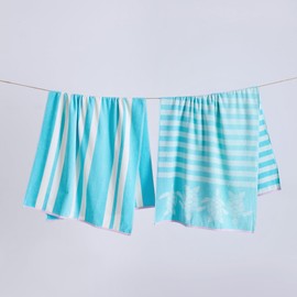 Great Bay Home 100% Cotton Beach Towels | 2 Pack of 30 x 60" Blue Pool Towels for Adults and Kids | Absorbent & Quick Dry Towels (Seafoam Turtle & Stripes)