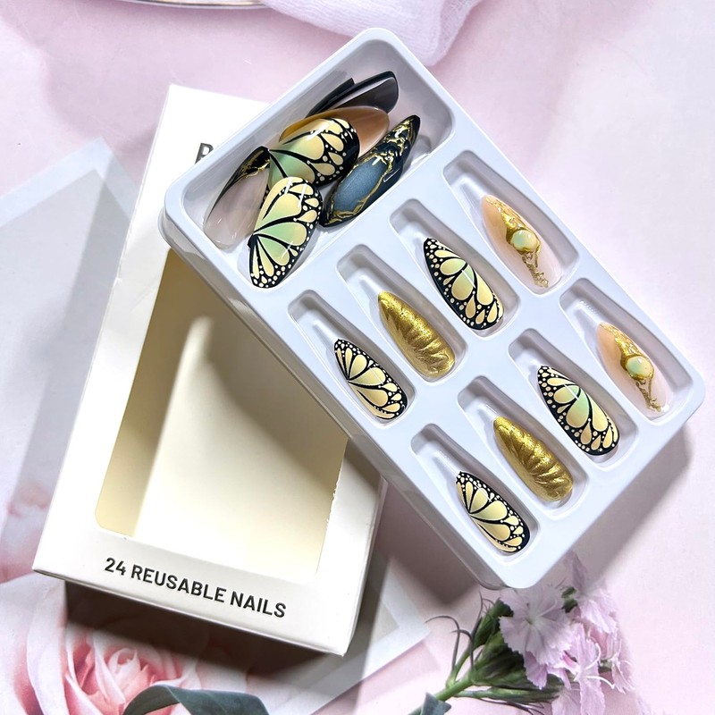 24Pcs Black Press on Nails Medium Almond Artificial Acrylic Nail