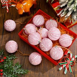 GlikCeil 12 Pcs Christmas Ornaments Farmhouse Stripe Fabric Wrapped Ball Red and White Christmas Tree Ornaments 2.4in Christmas Hanging Balls Ornaments Christmas Toile Balls for Xmas Tree Decorations