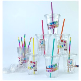 Paint Party Disposable Cups with Lids and Straws, Artist Birthday Supplies, 12 Set