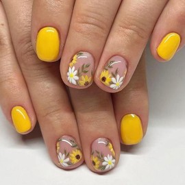 RUPOFUZA Press on Nails Square Short Yellow Fake False Nails with Lovely Sunflower Design Acrylic Artificial Extra Short Glue on Nail for Women Girls 24Pcs