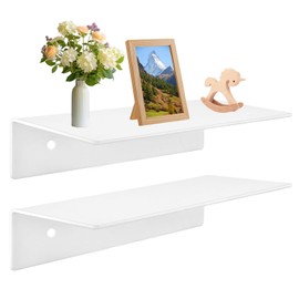 QWORK® Set of 2 White Acrylic Wall Shelves 30 x 15 x 7 cm, Versatile Floating Shelves for Speakers, Plants, Picture Frames and More