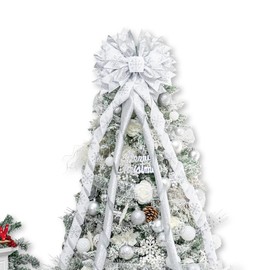 Hismir Christmas Tree Topper Bow, 53x13 Inches Large Christmas Bow with Glitter Streamer, Decorative Ribbon Bows for Xmas Tree Wreath Door Festival Home Decor(White & Silver)