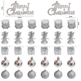 Taeku Christmas Tree Ornaments, Set of 32, 1.6 inches (4 cm) Diameter, Unbreakable, Bell, Drum, Glitter, Decoration, Luxurious, Stylish, Nordic Style, Indoor/Outdoor Use, Silver