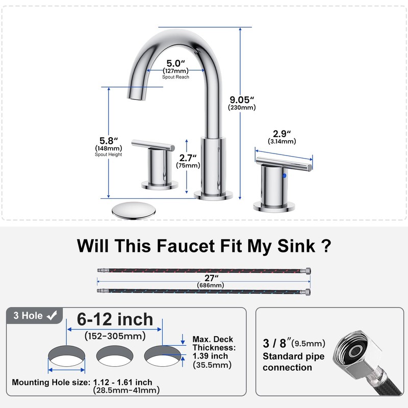 Hurran 8 Inch Chrome Widespread Bathroom Faucet, Double Handle Sink