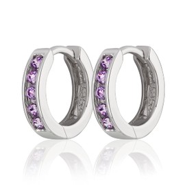 NKlaus Pair of 12 mm 925 Sterling Silver Hinged Hoop Earrings Zircon Amethyst Rhodium-Plated 2129, Sterling Silver, Cubic Zirconia