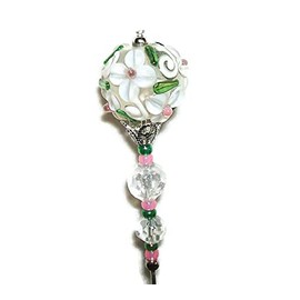 WHITE FLOWERS LAMPWORK ART GLASS Stick Hat Pin Long Hatpin Vintage Style Silver Pltd