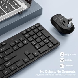 Wireless Keyboard and Mouse, WisFox 2.4GHz Full-Size Silent with Numeric Keypad, Long Battery Life, Lag-Free, Slim USB Cordless Mouse Combo (Black)