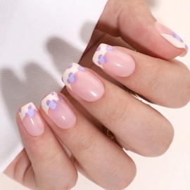 WAFOLOZE White French Tip Press On Nails- Short Fake Nails with Nail Glue, Artificial Nails 16 Sizes - 32Pcs Reusable Soft Gel False Nails Tips Kit, Stick On Nails for Women(Purple Flowers）