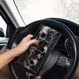 Mxfdegf Car Registration and Insurance Holder, Leather Car Glove Box Organizer, Cool Car Accessories for ID, Driver's License Cards & Essential Document,business cards,Men&Women,Skull/Black