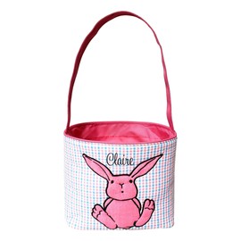 SONA G DESIGNS Unique Plush Applique Easter Bunny Rabbit Seersucker Fabric Basket Bucket Tote Bag - Custom Personalization Available (Pink Check with Embroidery Name)