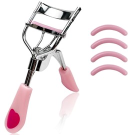 Pink Stainless Steel Eyelash Curler for Lasting Styling, with 4 Silicone Refill Pads, Pain-Free, Suitable for All Eye Shapes