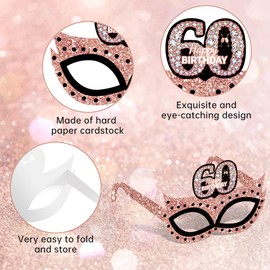 Zirtorei 24pcs 60th Birthday Paper Eyeglasses Decorations for Women, Rose Gold Happy 60th Birthday Eyeglasses Party Supplies, Cheers to 60 Years Bday Glasses Hello Sixty Photo Booth Props Decor