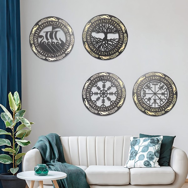 Arsey Viking Nordic Mythology Runes Wooden Ornaments Medieval Decorative Wall Sculptures Wall Ornament Compass Tree of Life Vegvisir Wall Decoration Living Room Bedroom Wall Picture, Wood, Yellow, 4