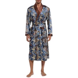Lavenderi Mens Silky Satin Lounge Robe, Long Lightweight Sleepwear, Blue Retro-style, XX-Large