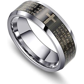 Men’s Christian Ring – Inscribed with the Religious Lord’s Prayer and Cross – Black and Silver Color – Polished Solid Tungsten Carbide Material