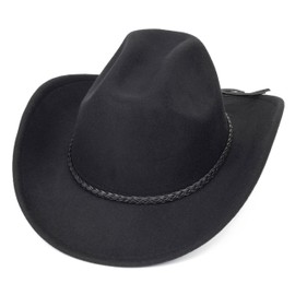 Women-Classic-Western-Cowboy-Shapeable-Hat - Men-Roll-Up-Wide-Brim-Felt-Fedora-Hats-Cowgirl-Hat with Belt Buckle(M-L), Modern-black, M