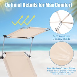 GYMAX Tanning Chair, Beach Lounge Chair with Canopy Sunshade, Carry Handle & Pocket, 5 Level Adjustable Layout Chaise Lounge for Outside, Folding Sunbath Chair for Outdoor, Patio, Poolside (2, Sand)