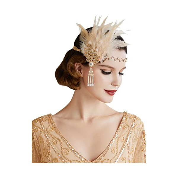 BABEYOND 1920s Flapper Headpiece Feather Headband Great Gatsby Headband 1920s Flapper Accessories Leaves Style for Art Deco Pageant Themed Party (Champagne)