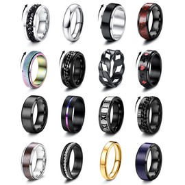 Kakonia 16Pcs Stainless Steel Fidget Rings for Men Women Stress Anxiety Relief Rings Black Cool Chain Band Spinner Rings Set for Wedding Promise Mens Rings Pack