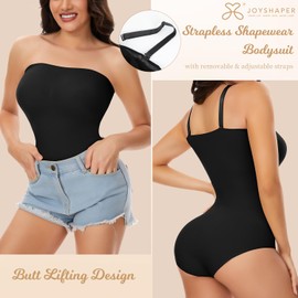Joyshaper Strapless Shapewear Bodysuit for Women Tummy Control Full Body Shaper Shaping Bodysuits with Removable Spaghetti Straps Black L