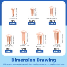 Glarks 170Pcs Solid Rivets Knurled Shanks Set, M2 M2.5 M3 M4 Semi-Round Head Red Copper Solid Rivets Assortment Kit with Storage Box Home Outdoor Hardware Tool