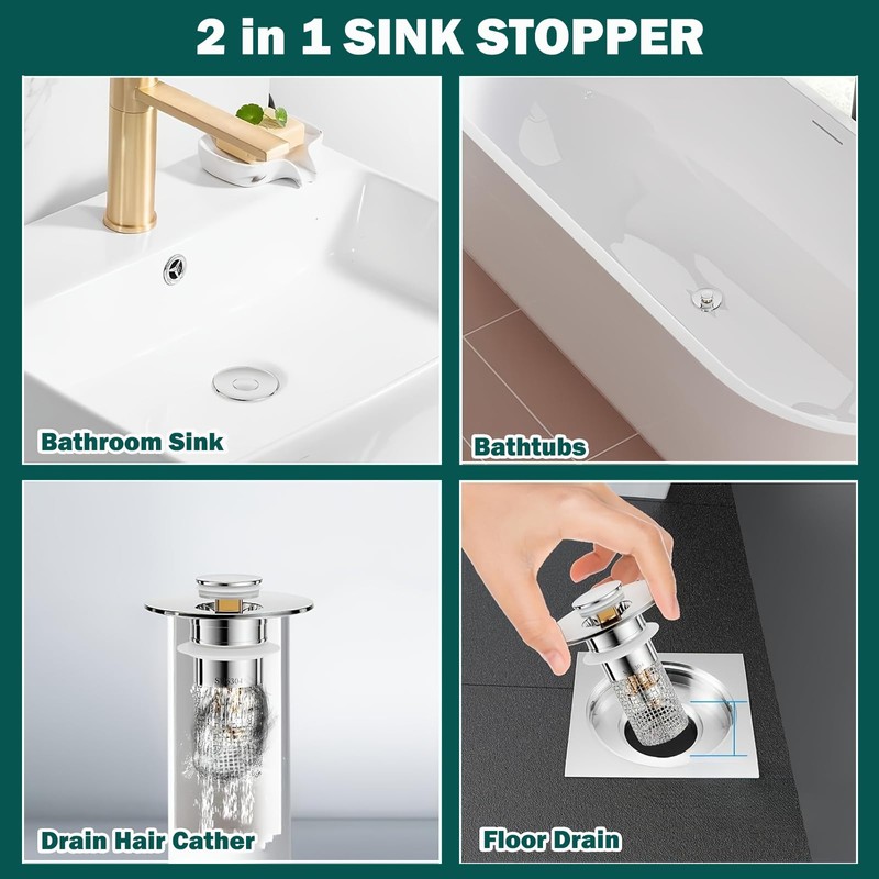2 Pack Bathroom Sink Stopper Hair Catcher Pop-Up Stainless Steel