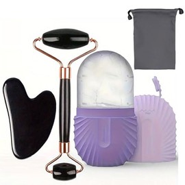 Rodillo de hielo y gua sha facial, kit de masaje para rostro, herramientas de masaje manual reutilizables, exquisita caja de regalo，adecuado para el cuidado de la piel facial (purple)