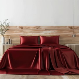 Candoury Satin Sheets Bed Set 4 Pcs, King Size Silky Bedding Set, Soft and Durable Pillowcase, Flat Sheet and Fitted Sheet, Hotel Luxury Bed Sheets Set(King, Burgundy)