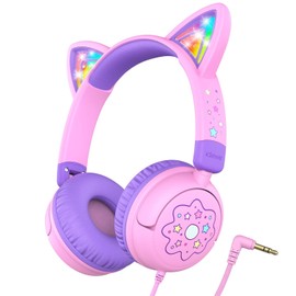 iClever HS25 Kids Headphones Cat Ear, LED Light Up, 85dBA Safe Volume, Stereo Sound Toddler Headphones for Travel School, Foldable 3.5mm Wired Kids Headphones, Meow Lollipop (Light Pink)