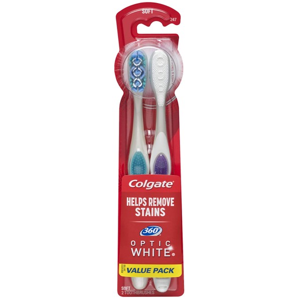 Colgate 360 Optic White Whitening Toothbrush, Soft - 2 Count